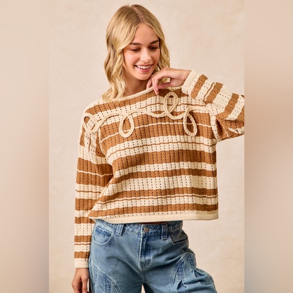 BiBi Striped Open Knit Sweater Top with Front Braided Detail 10010051743 - Picture 3 of 14